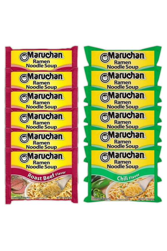 Ramen Instant Noodle Soup Variety, 2 Flavors - 6 Packs Roast Beef & 6 Packs Chili , 3 Ounce Single Servings Lunch / Dinner Variety