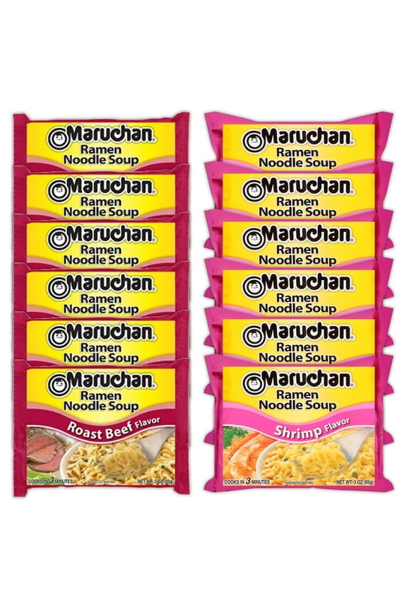 Ramen Instant Noodle Soup Variety, 2 Flavors - 6 Packs Roast Beef & 6 Packs Shrimp , 3 Ounce Single Servings Lunch / Dinner Variety
