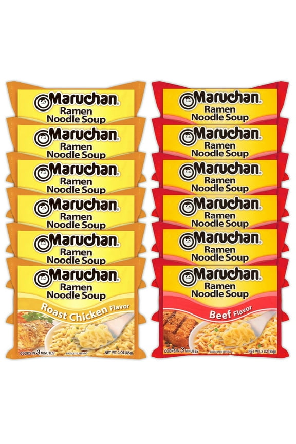 Ramen Instant Noodle Soup Variety, 2 Flavors - 6 Packs Roast Chicken & 6 Packs Beef , 3 Ounce Single Servings Lunch / Dinner Variety