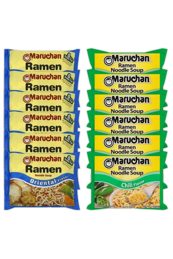 Ramen Instant Noodle Soup Variety, 2 Flavors - 6 Packs Soy Sauce & 6 Packs Chili , 3 Ounce Single Servings Lunch / Dinner Variety