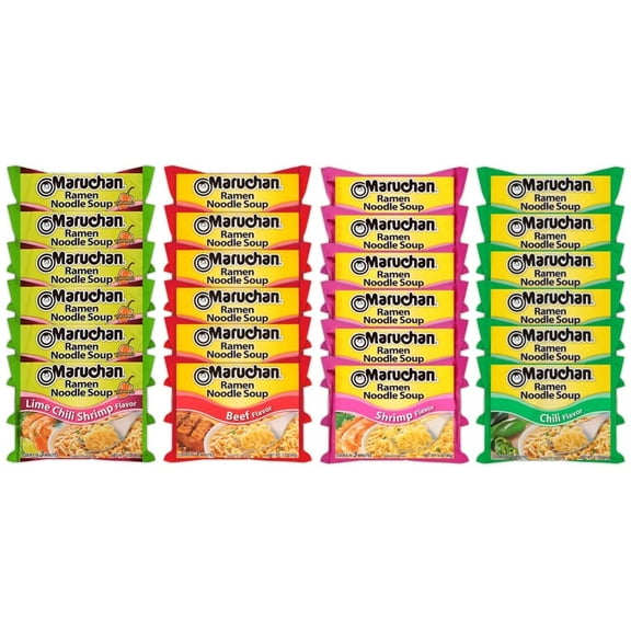 Maruchan Ramen Instant Noodle Soup Variety Mix 24 Packs, 4 Flavors - 6 Pack Beef, 6 Pack Lime Chili Shrimp, 6 Pack Chilli, 6 Pack Shrimp Lunch / Dinner Variety