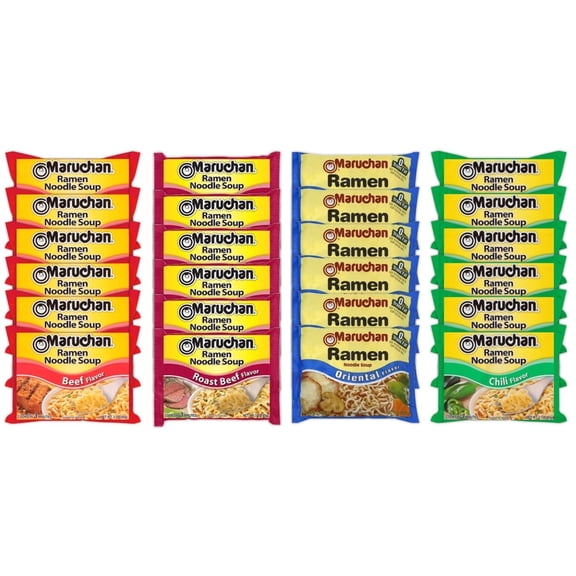 Maruchan Ramen Instant Noodle Soup Variety Mix 24 Packs, 4 Flavors - 6 Pack Beef, 6 Pack Roast Beef, 6 Pack Oriental , 6 Pack Chili Lunch / Dinner Variety