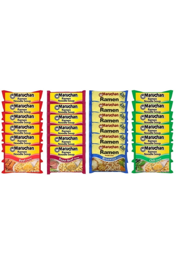 Ramen Instant Noodle Soup Variety Mix 24 Packs, 4 Flavors - 6 Pack Beef, 6 Pack Roast Beef, 6 Pack Oriental , 6 Pack Chili Lunch / Dinner Variety