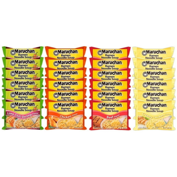 Maruchan Ramen Instant Noodle Soup Variety Mix 24 Packs, 4 Flavors - 6 Pack Chicken, 6 Pack Beef, 6 Pack Creamy Chicken , 6 Pack Lime Chili Shrimp Lunch / Dinner Variety