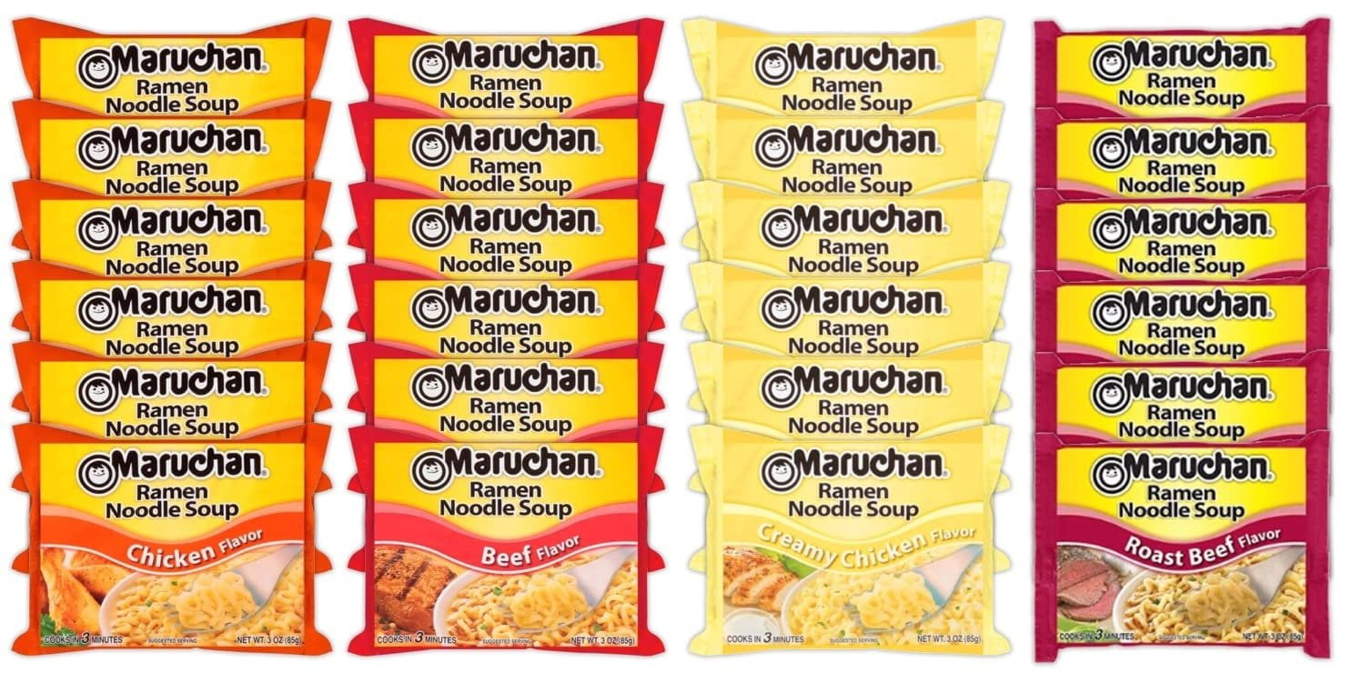 Maruchan Ramen Instant Noodle Soup Variety Mix 24 Packs, 4 Flavors - 6 Pack Chicken, 6 Pack Beef, 6 Pack Creamy Chicken , 6 Pack Roast Beef Lunch / Dinner Variety