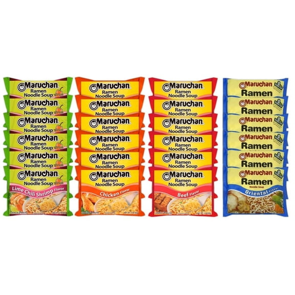 Maruchan Ramen Instant Noodle Soup Variety Mix 24 Packs, 4 Flavors - 6 Pack Oriental, 6 Pack Beef, 6 Pack Chicken, 6 Pack Lime Chili Shrimp Lunch / Dinner Variety