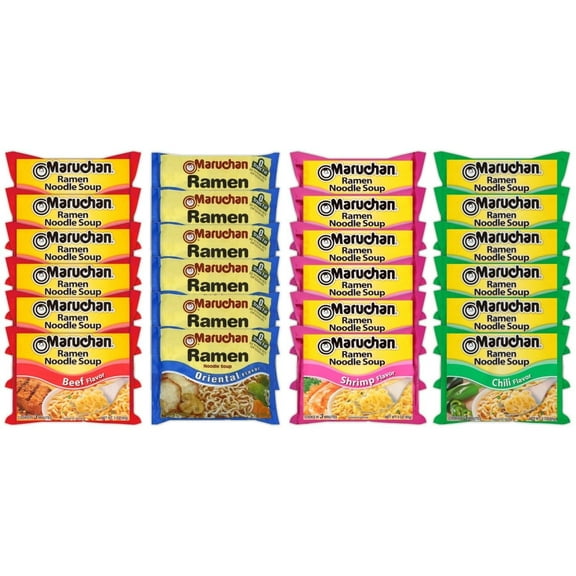 Maruchan Ramen Instant Noodle Soup Variety Mix 24 Packs, 4 Flavors - 6 Pack Oriental, 6 Pack Beef, 6 Pack Shrimp , 6 Pack Chili Lunch / Dinner Variety