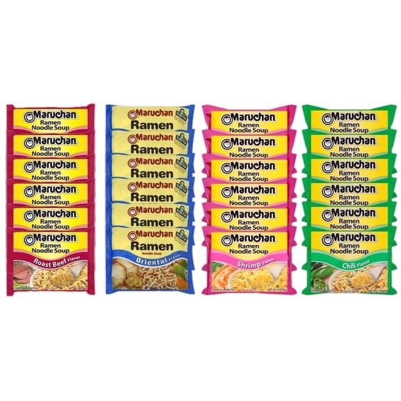 Maruchan Ramen Instant Noodle Soup Variety Mix 24 Packs, 4 Flavors - 6 Pack Shrimp, 6 Pack Roast Beef, 6 Pack Oriental , 6 Pack Chili Lunch / Dinner Variety