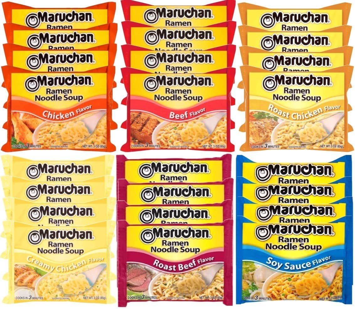 Maruchan Ramen Instant Noodle Soup Variety Mix 24 Packs, 6 Flavors - 4 Oriental, 4 Chicken, 4 Roast Chicken, 4 Beef, 4 Creamy Chicken, 4 Rost Beef Lunch / Dinner Variety