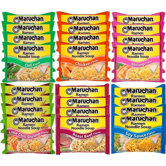 Maruchan Ramen Instant Noodle Soup Variety Mix 24 Packs, 6 Flavors - 4 Roast Beef, 4 Oriental, 4 Shrimp, 4 Chili, 4 Chicken, 4 lime Chili Shrimp Lunch / Dinner Variety