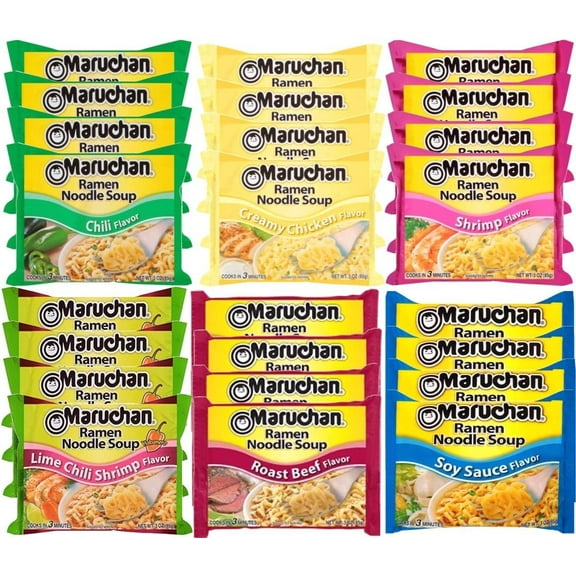 Maruchan Ramen Instant Noodle Soup Variety Mix 24 Packs, 6 Flavors - 4 Roast Beef, 4 Oriental, 4 Shrimp, 4 Chili, 4 Creamy Chicken, 4 lime Chili Shrimp Lunch / Dinner Variety