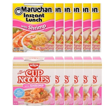 Maruchan Ramen Instant Shrimp Soup 6 Noodles Cups & 6 Nissin cup Shrimp Noodles Flavor Variety, 12 Count, 2 Flavors by LRB