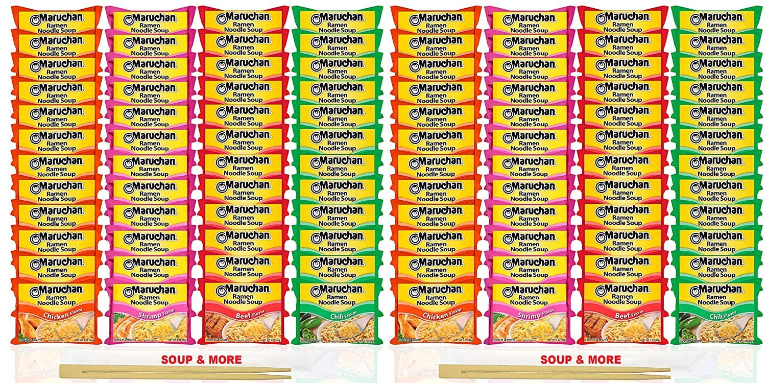 Ruthy's Outlet Maruchan Ramen Instant Soup 96 Count Noodles Packs- 24 Chicken, 24 Shrimp, 24 Beef & 24 Chili Flavors Lunch / Dinner Variety, 4 Flavors