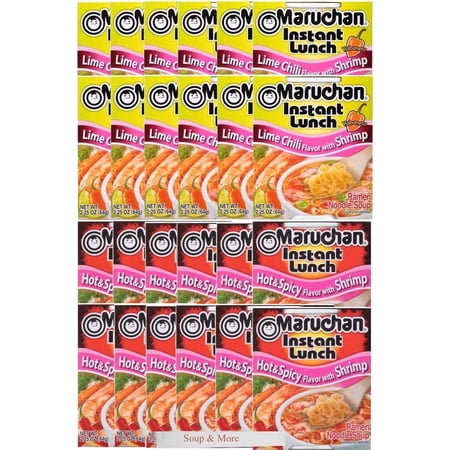Maruchan Ramen Instant Soup Cup Noodles 24 Count - 12 Hot & Spicy Shrimp Flavor & 12 Lime Chili Shrimp Flavor Lunch / Dinner Variety, 2 Flavors