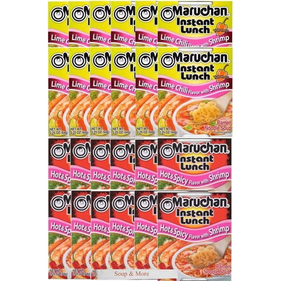 Maruchan Ramen Instant Soup Cup Noodles 24 Count - 12 Hot & Spicy Shrimp Flavor & 12 Lime Chili Shrimp Flavor Lunch / Dinner Variety, 2 Flavors