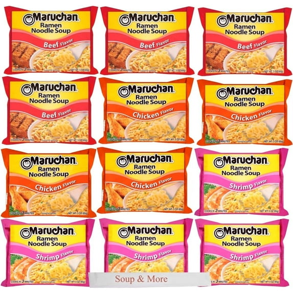 Maruchan Ramen Instant Soup Noodles 12 Count - 4 Shrimp Flavor & 4 Chicken Flavor & 4 Beef Flavor Lunch / Dinner Variety, 3 Flavors