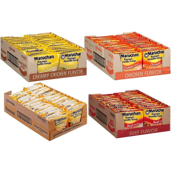 Maruchan Ramen Instant Soup Noodles Mix Variety 4 Flavor Packs 96 Count - 24 Creamy Chicken , 24 Beef , 24 Roast Chicken , 24 Chicken Pack Lunch / Dinner Variety