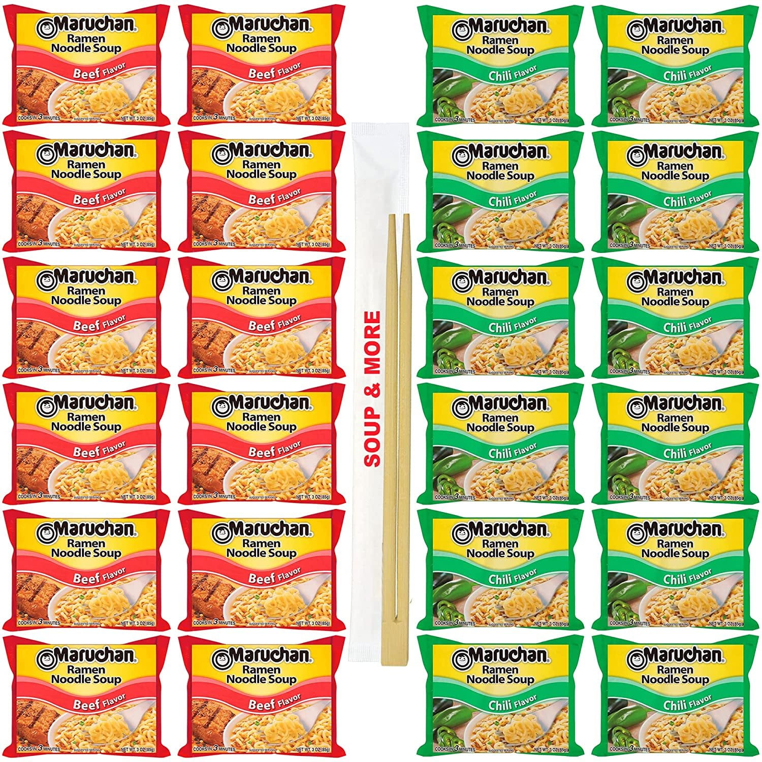 Maruchan Ramen Instant Soup Noodles Packs 24 Count - 12 Chili , 12 Beef Pack Flavor Lunch / Dinner Variety, 2 Flavors