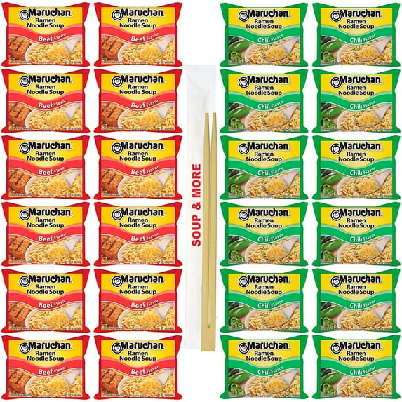 Maruchan Ramen Instant Soup Noodles Packs 24 Count - 12 Chili , 12 Beef Pack Flavor Lunch / Dinner Variety, 2 Flavors