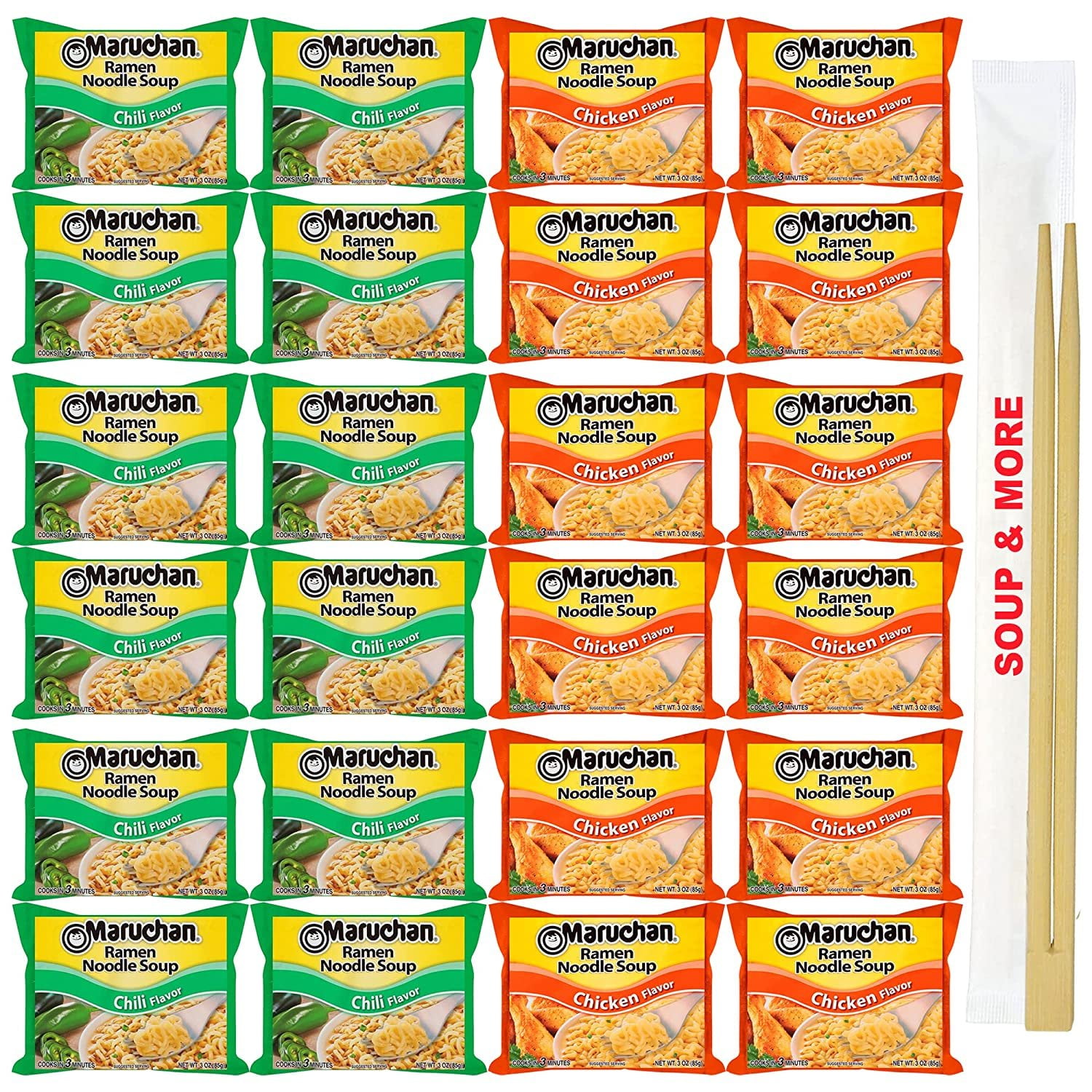 Maruchan Ramen Instant Soup Noodles Packs 24 Count - 12 Chili , 12 Chicken Pack Flavor Lunch / Dinner Variety, 2 Flavors