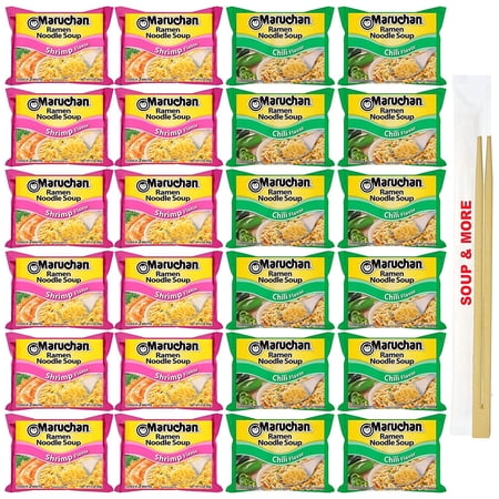 Maruchan Ramen Instant Soup Noodles Packs 24 Count - 12 Chili , 12 Shrimp Pack Flavor Lunch / Dinner Variety, 2 Flavors