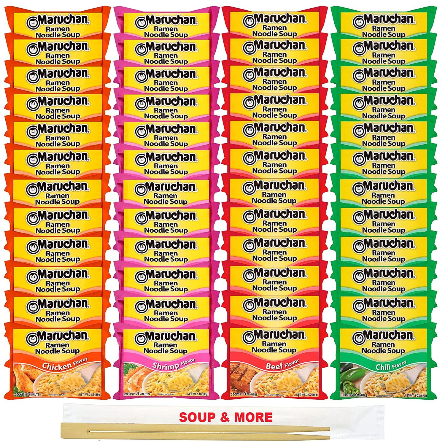Maruchan Ramen Instant Soup Noodles Packs 48 Count - 12 Shrimp Flavor, 12 Beef , 12 Chili , 12 Chicken Pack Flavor Lunch / Dinner Variety, 4 Flavors