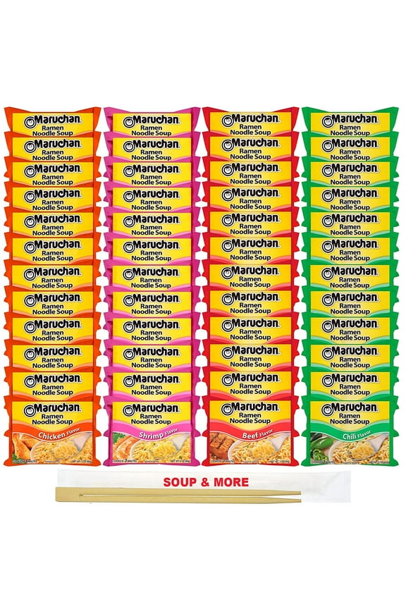 Ramen Instant Soup Noodles Packs 48 Count - 12 Shrimp Flavor, 12 Beef , 12 Chili , 12 Chicken Pack Flavor Lunch / Dinner Variety, 4 Flavors