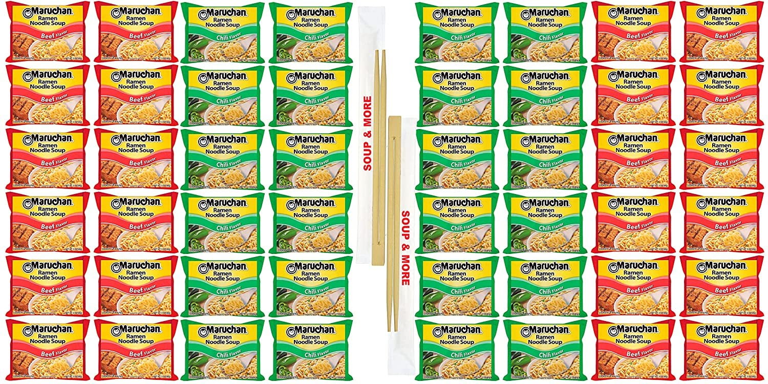 Maruchan Ramen Instant Soup Noodles Packs 48 Count - 24 Chili , 24 Beef Pack Flavor Lunch / Dinner Variety, 2 Flavors