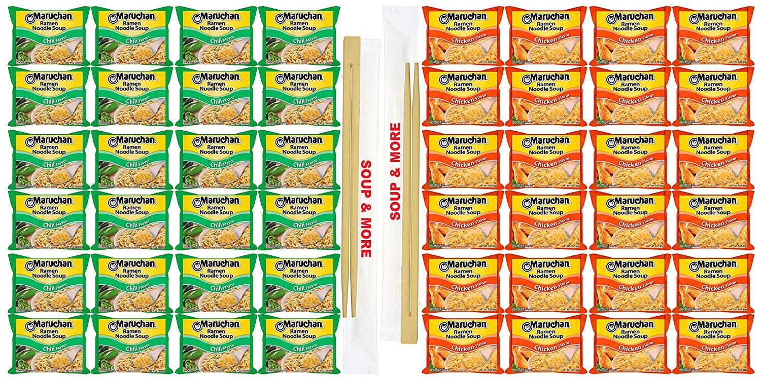 Maruchan Ramen Instant Soup Noodles Packs 48 Count - 24 Chili , 24 Chicken Pack Flavor Lunch / Dinner Variety, 2 Flavors