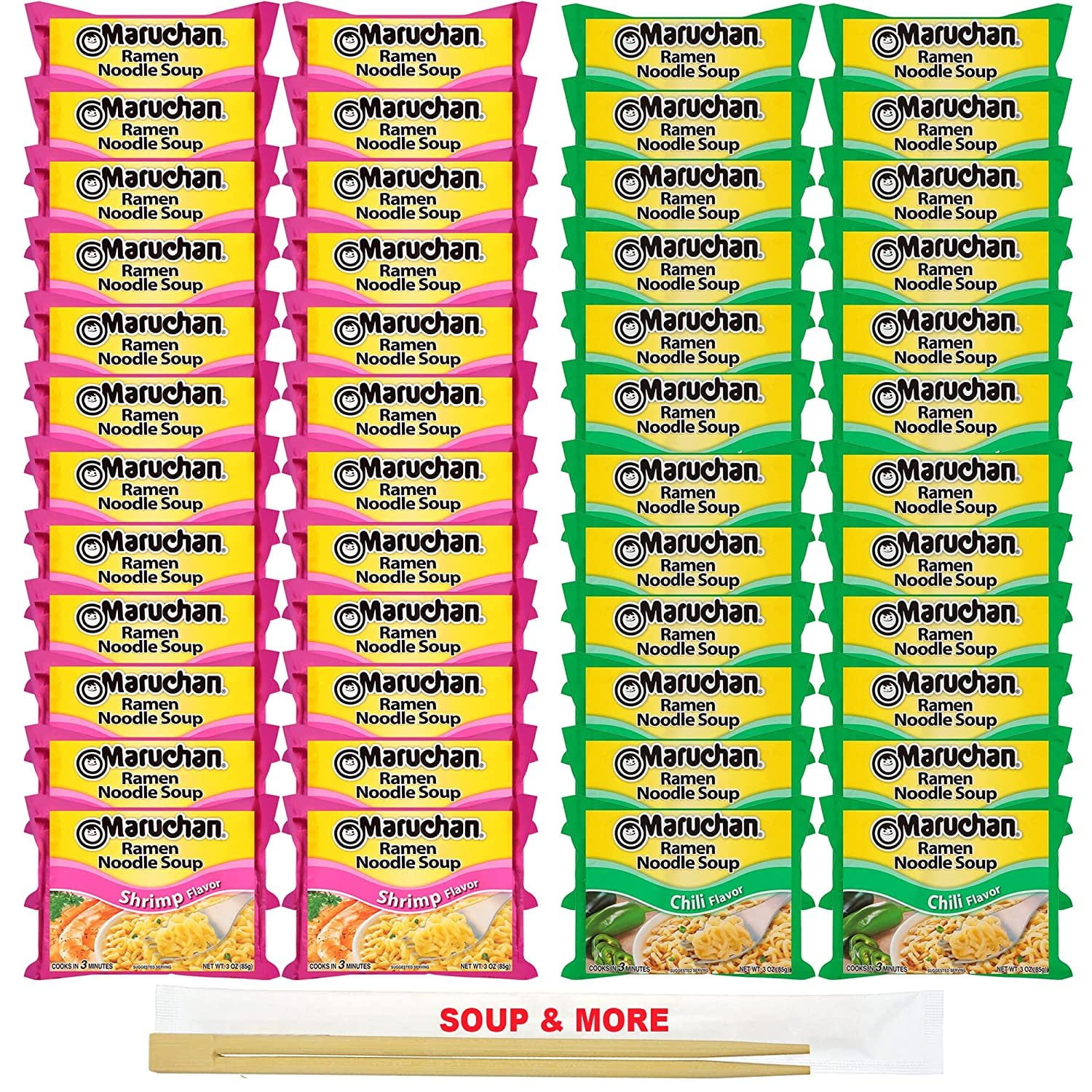 Maruchan Ramen Instant Soup Noodles Packs 48 Count - 24 Chili , 24 Shrimp Pack Flavor Lunch / Dinner Variety, 2 Flavors