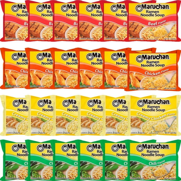 Maruchan Ramen Noodle Soup Variety, 4 Flavors, 3 Ounce, 6 Packages each Flavor, Total 24 Packages (Chicken, Beef, Chili, Creamy Chicken)
