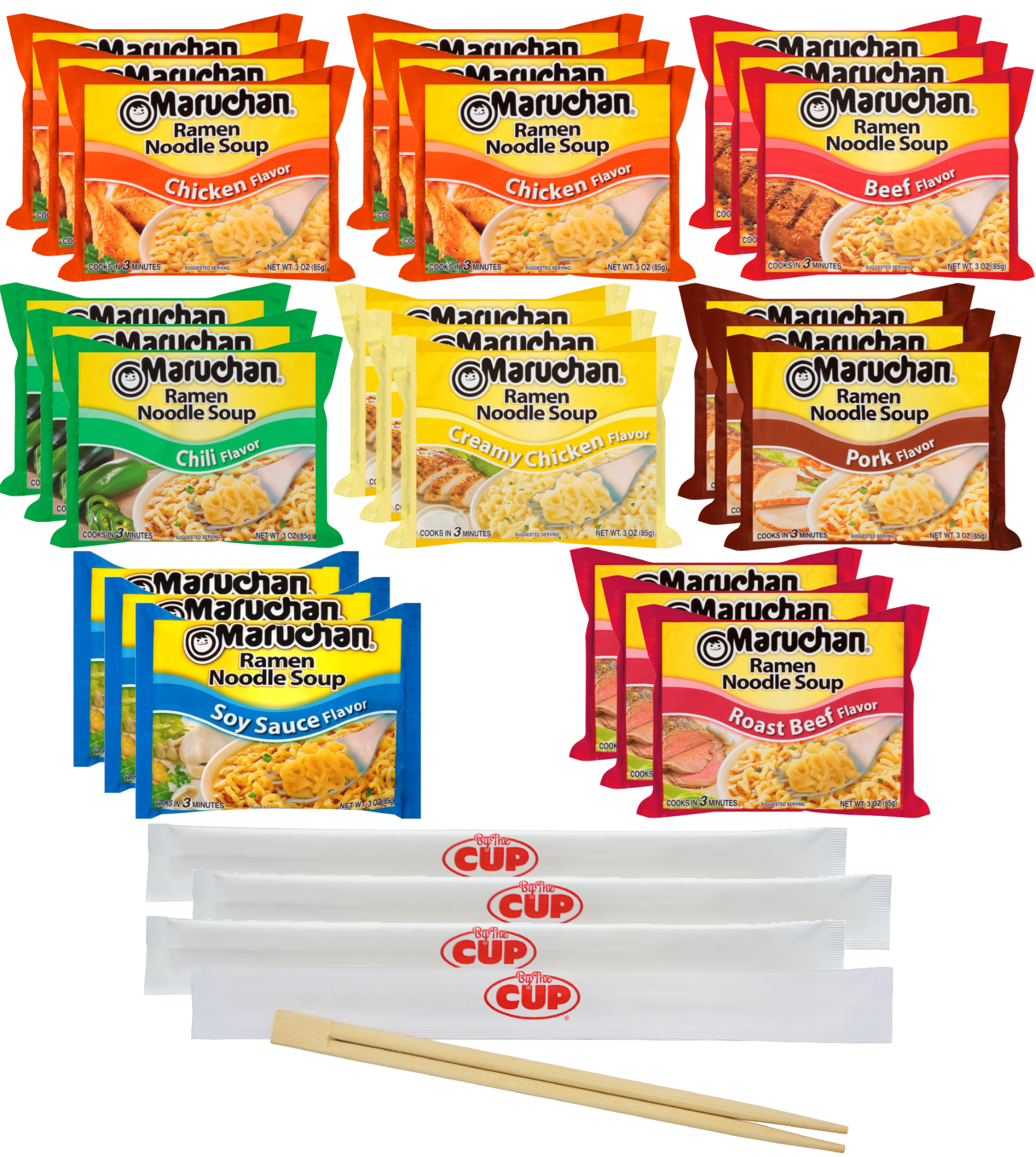 Maruchan Ramen Noodle Soup Variety, 7 Flavors, 3 Ounce Single Servings, Shelf-Stable (Pack of 24) with By The Cup Chopsticks