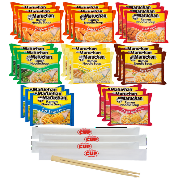 Maruchan Ramen Noodle Soup Variety, 7 Flavors, 3 Ounce Single Servings, Shelf-Stable (Pack of 24) with By The Cup Chopsticks