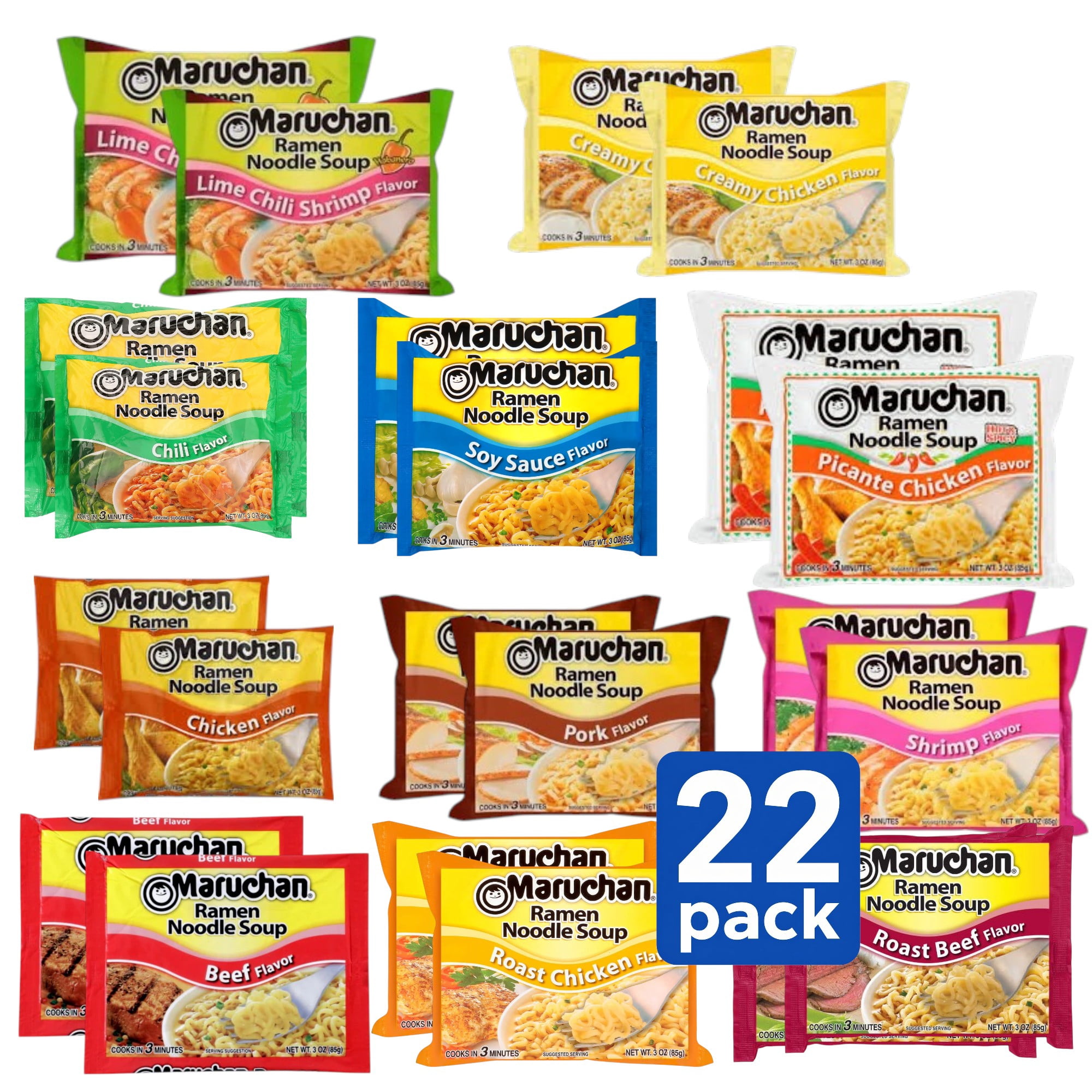 Maruchan Ramen Noodle Soup Variety Pack, 22 Pack (3 oz Each), Instant Ramen Noodles, Assorted Flavors