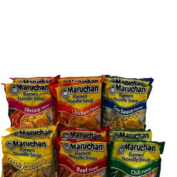 Maruchan Ramen Noodle Soup Variety Pack~IncludeS (2) Beef, (2) Creamy Chicken, (2) Soy Sauce, (2) Shrimp, (2) Chicken, and (2) Chili Flavor, comes with and Essentials Tote Bag