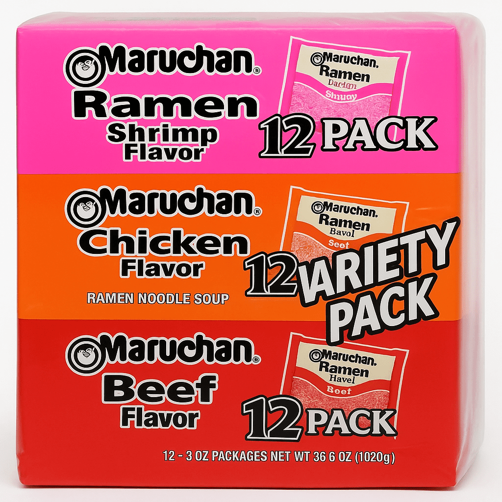Maruchan Ramen Noodle Soup Variety Pack – Shrimp, Chicken & Beef Flavors (12-Pack Each)