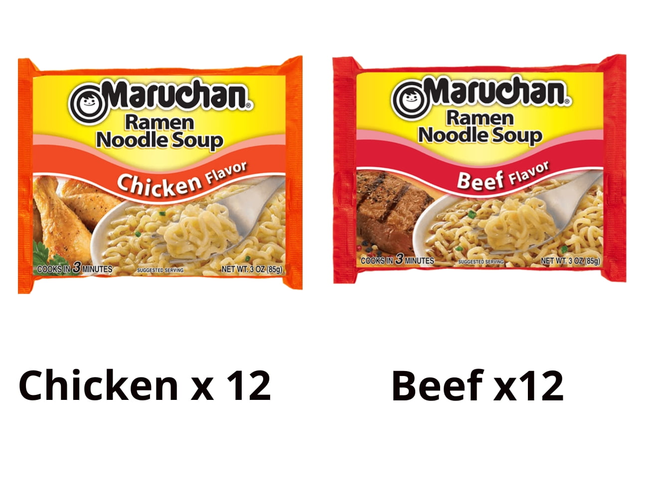 Maruchan Ramen Noodle Variety Pack 12-Pack with Chicken & Beef Flavors (Total 24 Pack)