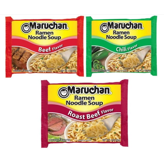 Maruchan, Ramen Roast Beef, Chili, and Beef Noodles Variety Pack Soup, 3 Oz, 24 Ct
