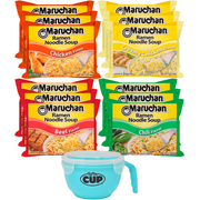 Maruchan Ramen Noodle Dry Soup Variety 12 Pack, 4 Flavors with By The Cup Microwavable Soup Bowl