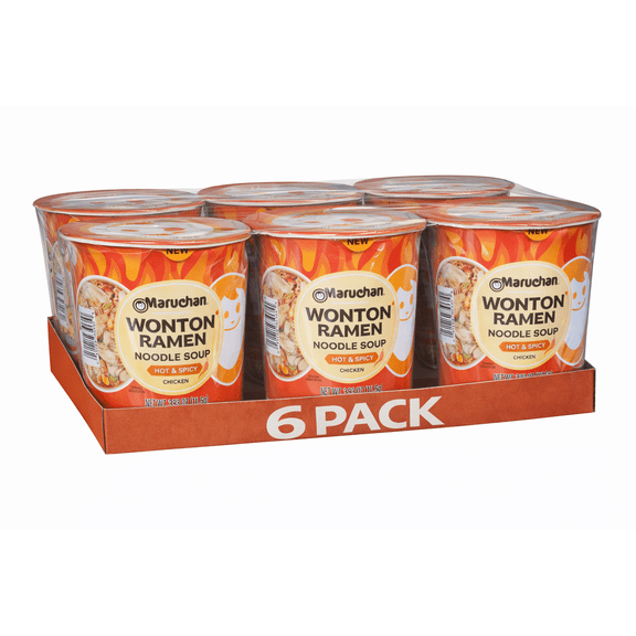 Maruchan Wonton Ramen Hot & Spicy Chicken Flavor Cup, 3.93 oz, 6 Pack