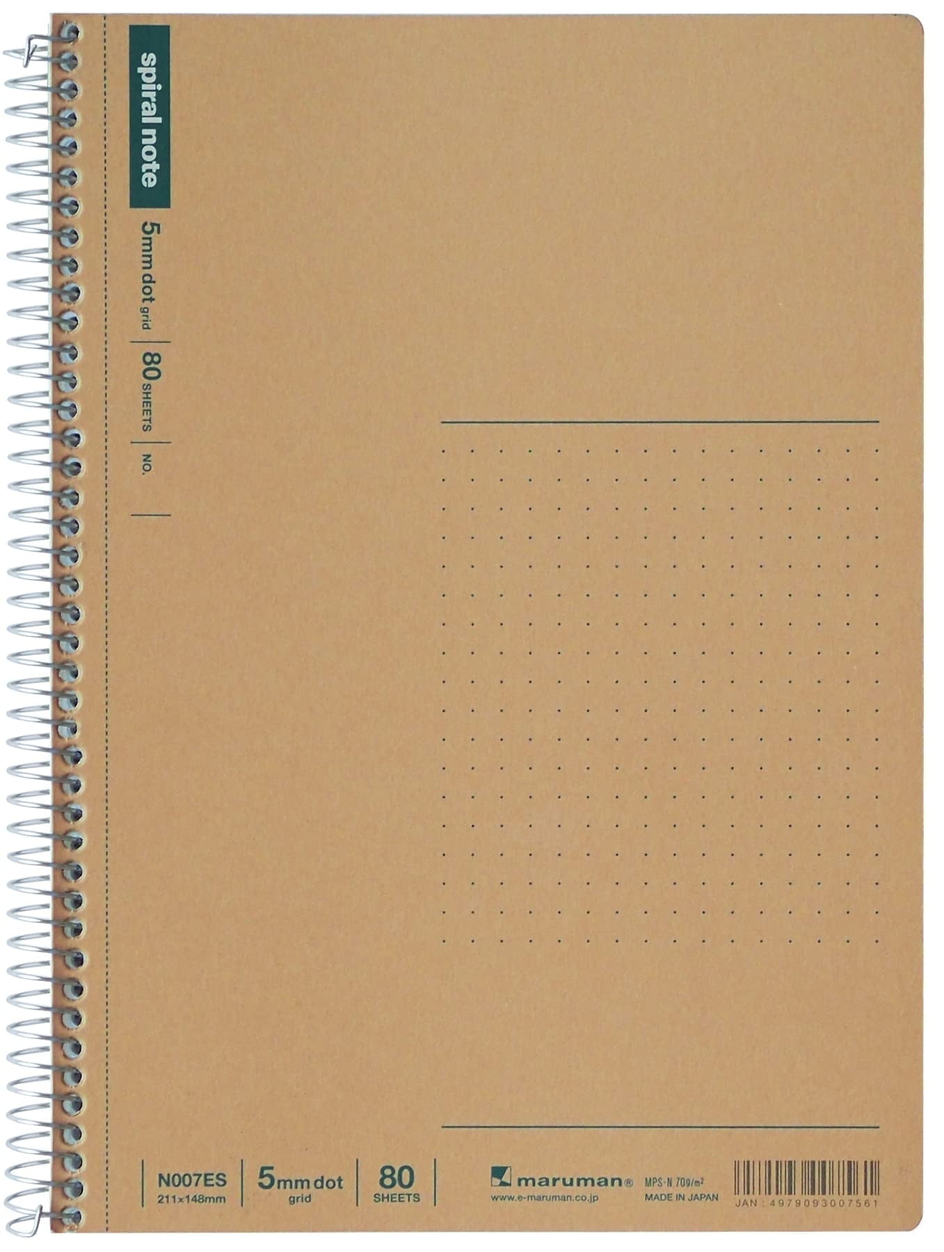 Maruman SPIRAL NOTE BASIC Notebook 5.83 x 8.31 inches (A5), 5mm dot grid, 80 Sheets (N007ES),White