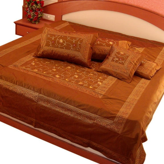 Marusthali Indian Banarasi Bedspread Designer Embroidery Silk Brocade Work - Pure Silk with Cushion Covers