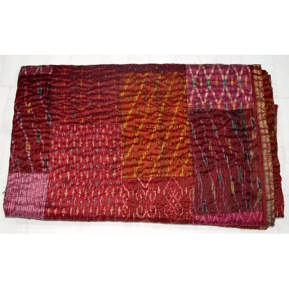 Marusthali Indian Silk Patchwork Kantha Quilts Handmade Queen Quilt Indian Silk Sari Kantha Quilted Quilt Cover Old Bohemian Vintage Patola Quilt