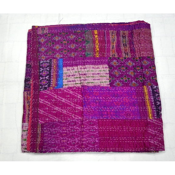 Marusthali Indian Silk Patchwork Kantha Quilts Handmade Queen Quilt Indian Silk Sari Kantha Quilted Quilt Cover Old Bohemian Vintage Patola Quilt