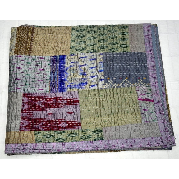 Marusthali Indian Silk Patchwork Kantha Quilts Handmade Queen Quilt Indian Silk Sari Kantha Quilted Quilt Cover Old Bohemian Vintage Patola Quilt