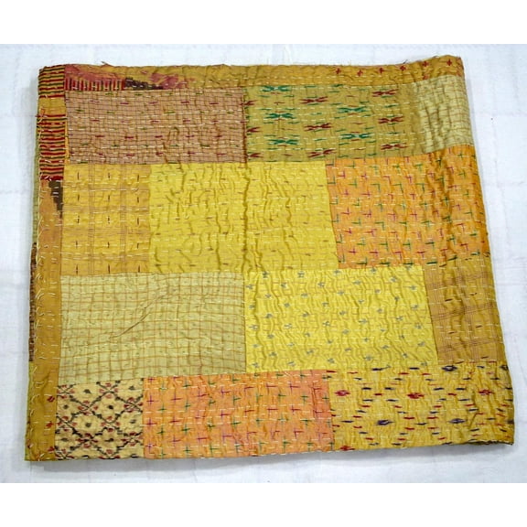 Marusthali Indian Silk Patchwork Kantha Quilts Handmade Quilt Indian Silk Sari Kantha Quilted Quilt Cover Old Bohemian Vintage Patola Quilt
