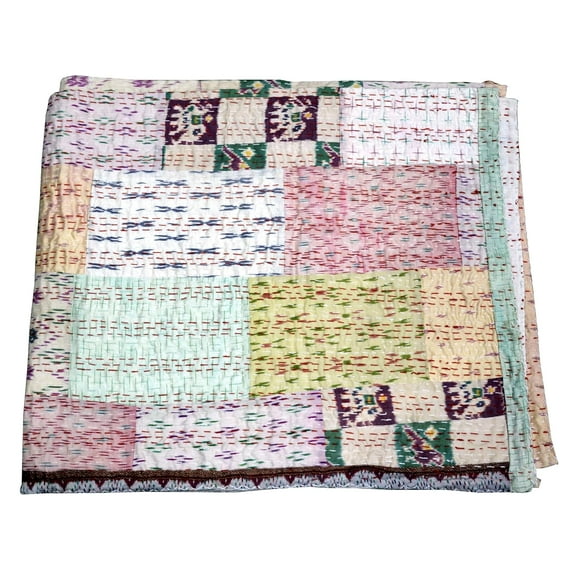 Marusthali Indian Silk Patchwork Kantha Quilts Handmade Twin Quilt Indian Silk Sari Kantha Quilted Quilt Cover Old Bohemian Vintage Patola Quilt