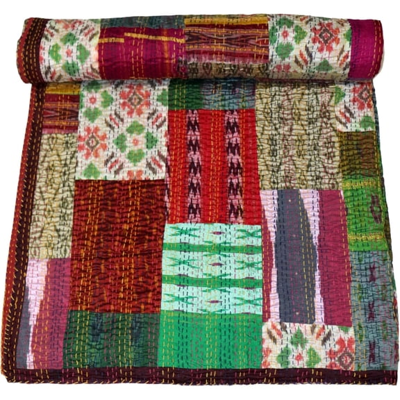 Marusthali indian patchwork quilts hand made quilt cotton bedspread kantha throw quilts silk sari blanket indian handmade cotton quilt throw blanket bedspread gudari (Multi-1, Queen)