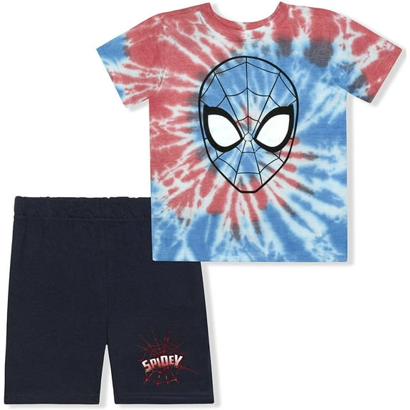 Marvel 2 Pack Short Sleeve Spiderman Tie Dyed Tee Shirt and Shorts Set for Boys