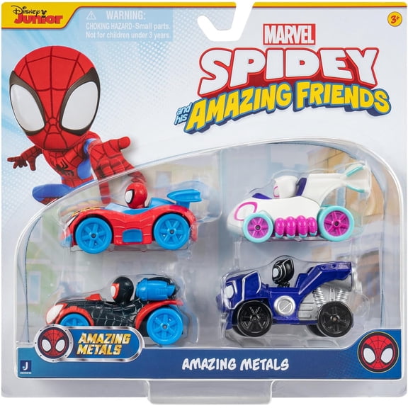 Marvel Spidey and His Amazing Friends Die-Cast Vehicle 4pk Spidey, Ghost-Spider, Black Panther & Miles Morales Cars, Metal Toy Cars Set for Kids Ages 3+, Spider-man Superhero Toy Gift for Kids